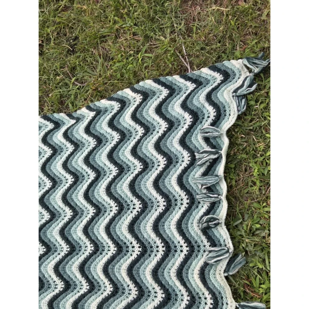 Vintage Crochet Knit Afghan Throw Blanket Multicolor Green White Striped 55